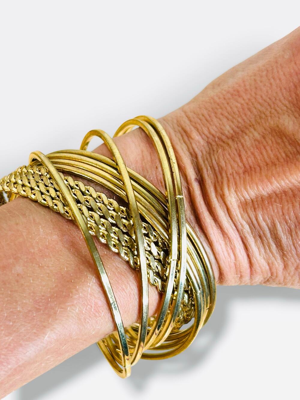 Multi Layer Gold Bangle Bracelet Set Stack Attached Boho Textured Braided Wire